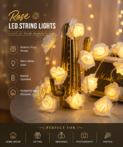 “Warm white rose LED string lights for aesthetic bedroom and home decoration”