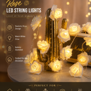 “Warm white rose LED string lights for aesthetic bedroom and home decoration”
